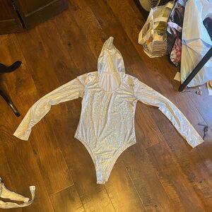 Iridescent long sleeve rave bodysuit with hood